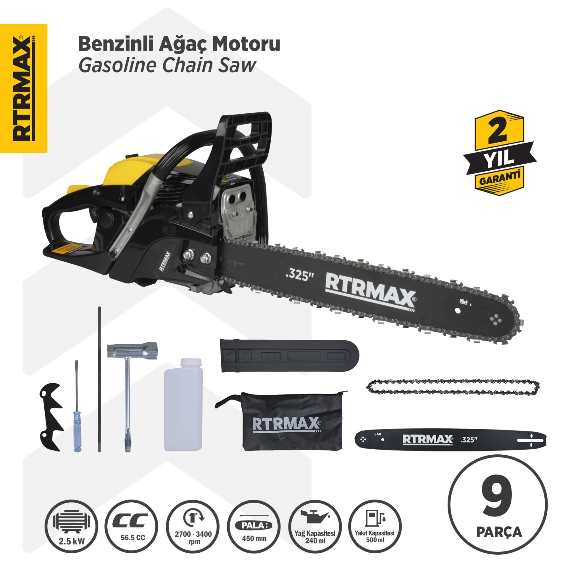 RTRMAX RTM960 Benzinli Ağaç Kesme Motoru 3 Hp 57 Cc 45 cm Pala