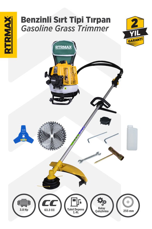 RTRMAX RTM9640 Benzinli Sırt Tipi Tırpan 63Cc 3.0Hp (Tırpan Bıçağı,Misina Başlığı,Tırpan Testeresi Hediye)