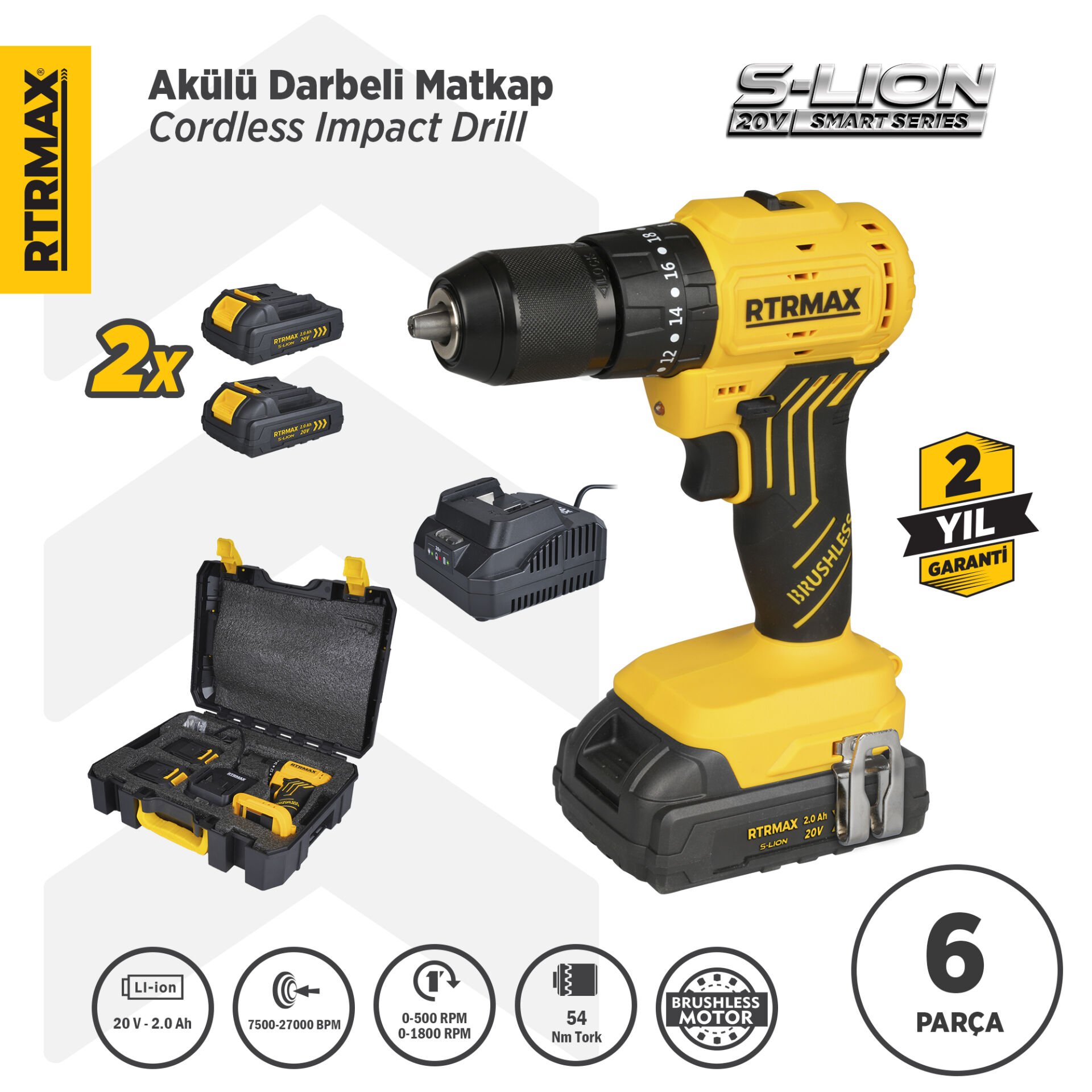 RTS5012 Şarjlı Darbeli Matkap Kömürsüz 54 Nm 2x2 Ah 20V Çift Akü S-Lion - Akü Dahil
