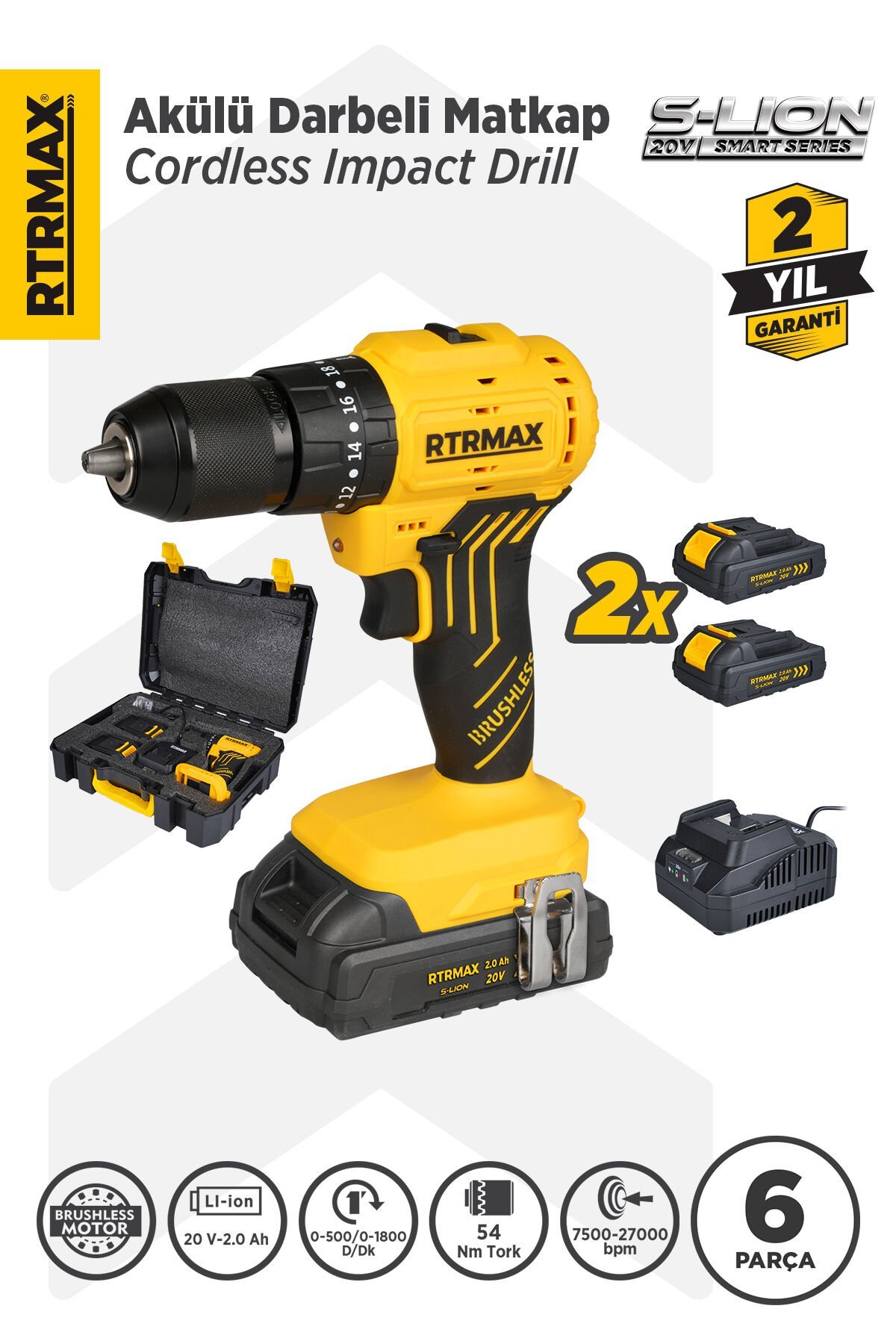 RTRMAX RTS5012 Şarjlı Darbeli Matkap Kömürsüz 54 Nm 2x2 Ah 20V Çift Akü S-Lion - Akü Dahil