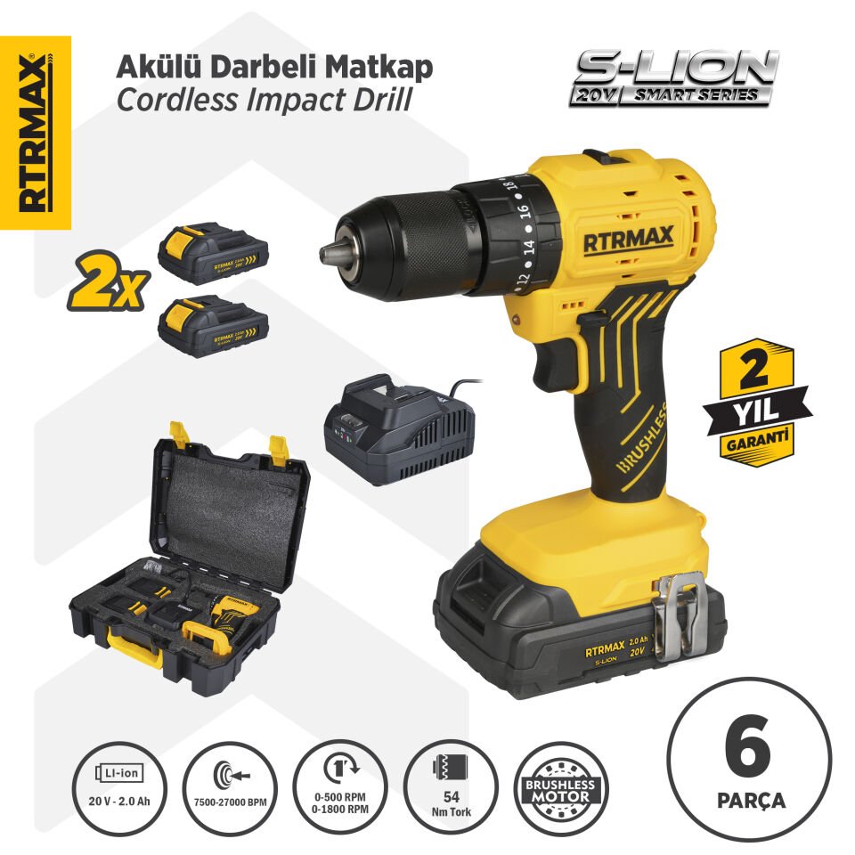 RTS5012 Şarjlı Darbeli Matkap Kömürsüz 54 Nm 2x2 Ah 20V Çift Akü S-Lion - Akü Dahil