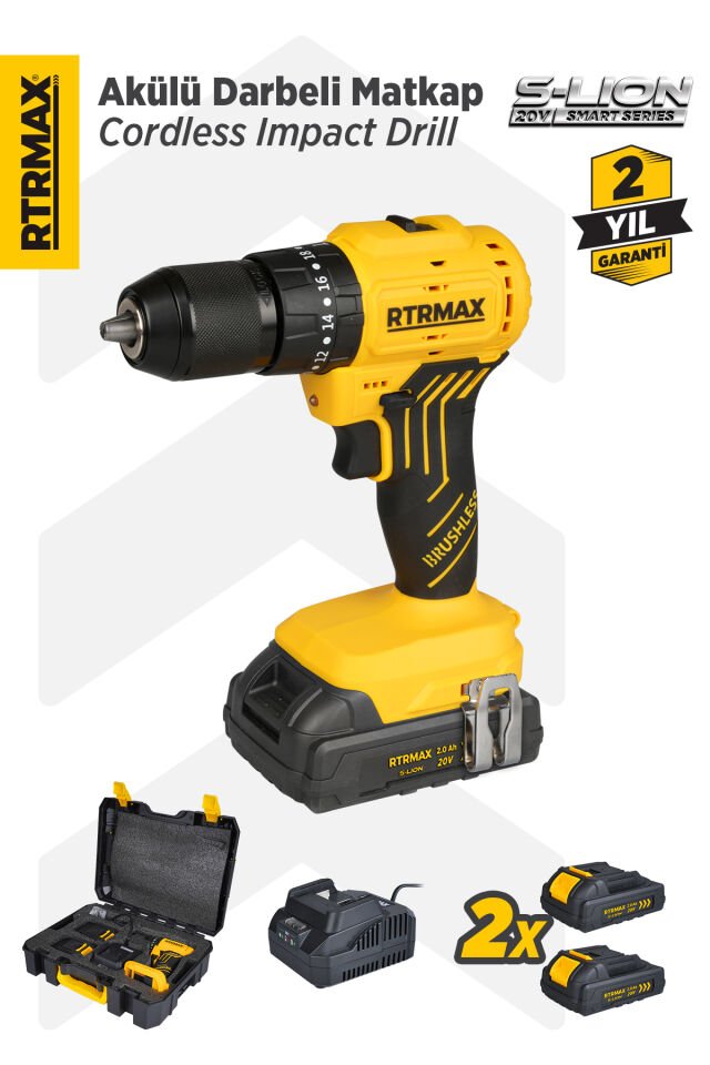 RTRMAX RTS5012 Şarjlı Darbeli Matkap Kömürsüz 54 Nm 2x2 Ah 20V Çift Akü S-Lion - Akü Dahil