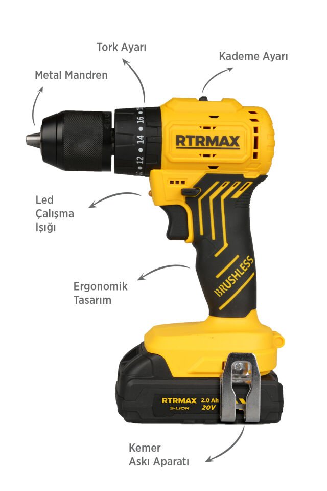 RTRMAX RTS5012 Şarjlı Darbeli Matkap Kömürsüz 54 Nm 2x2 Ah 20V Çift Akü S-Lion - Akü Dahil