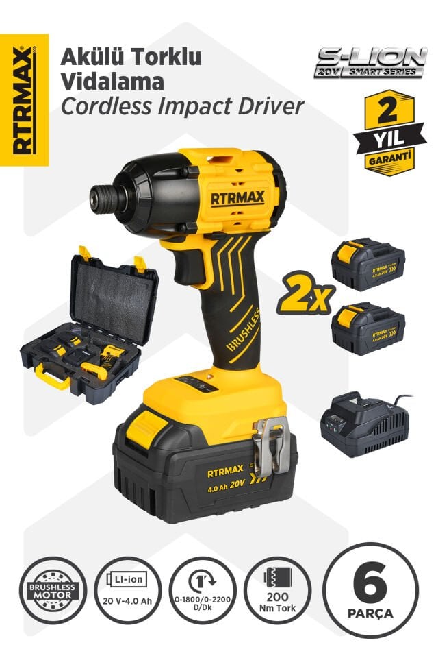 RTRMAX RTS5020 Şarjlı Torklu Vidalama Makinası Kömürsüz 200 Nm 2x4 Ah 20V Çift Akü S-Lion - Akü Dahil