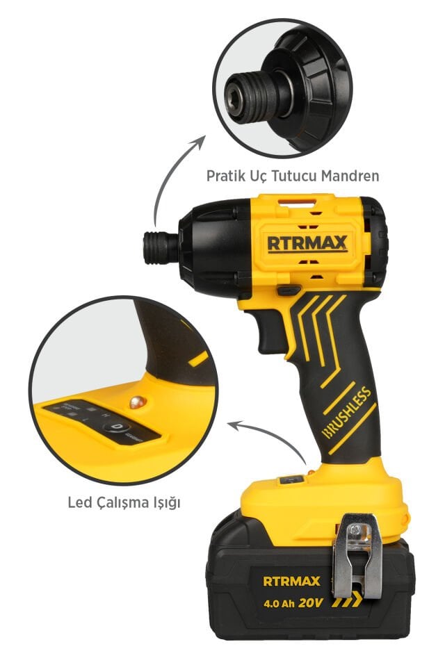 RTRMAX RTS5020 Şarjlı Torklu Vidalama Makinası Kömürsüz 200 Nm 2x4 Ah 20V Çift Akü S-Lion - Akü Dahil