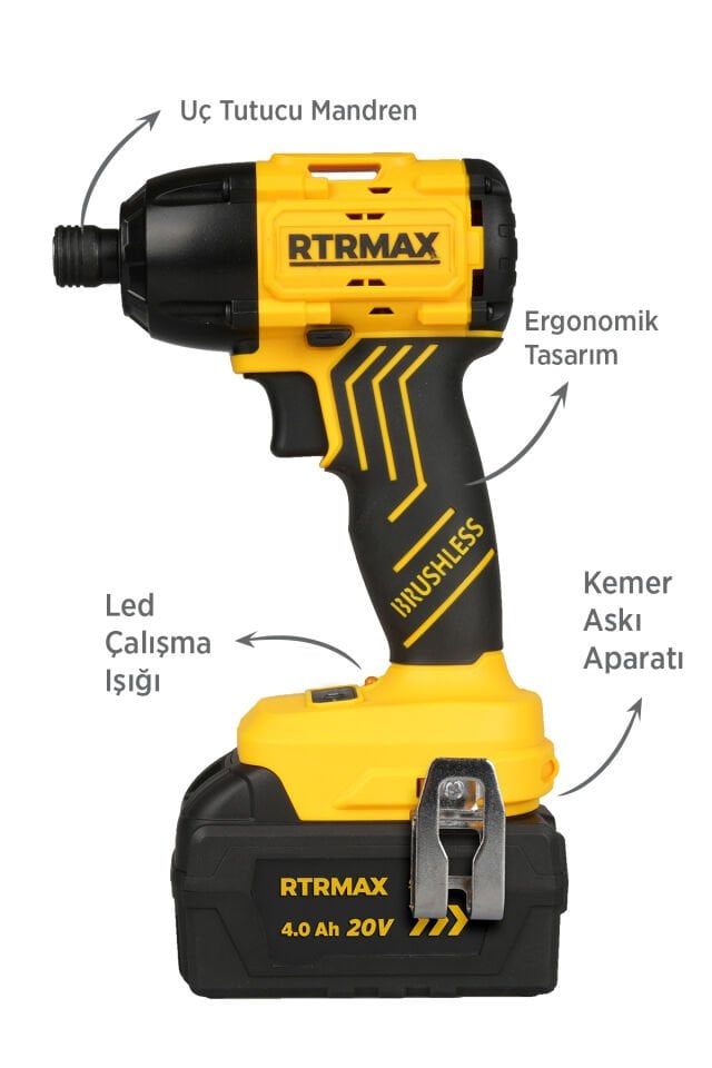 RTRMAX RTS5020 Şarjlı Torklu Vidalama Makinası Kömürsüz 200 Nm 2x4 Ah 20V Çift Akü S-Lion - Akü Dahil