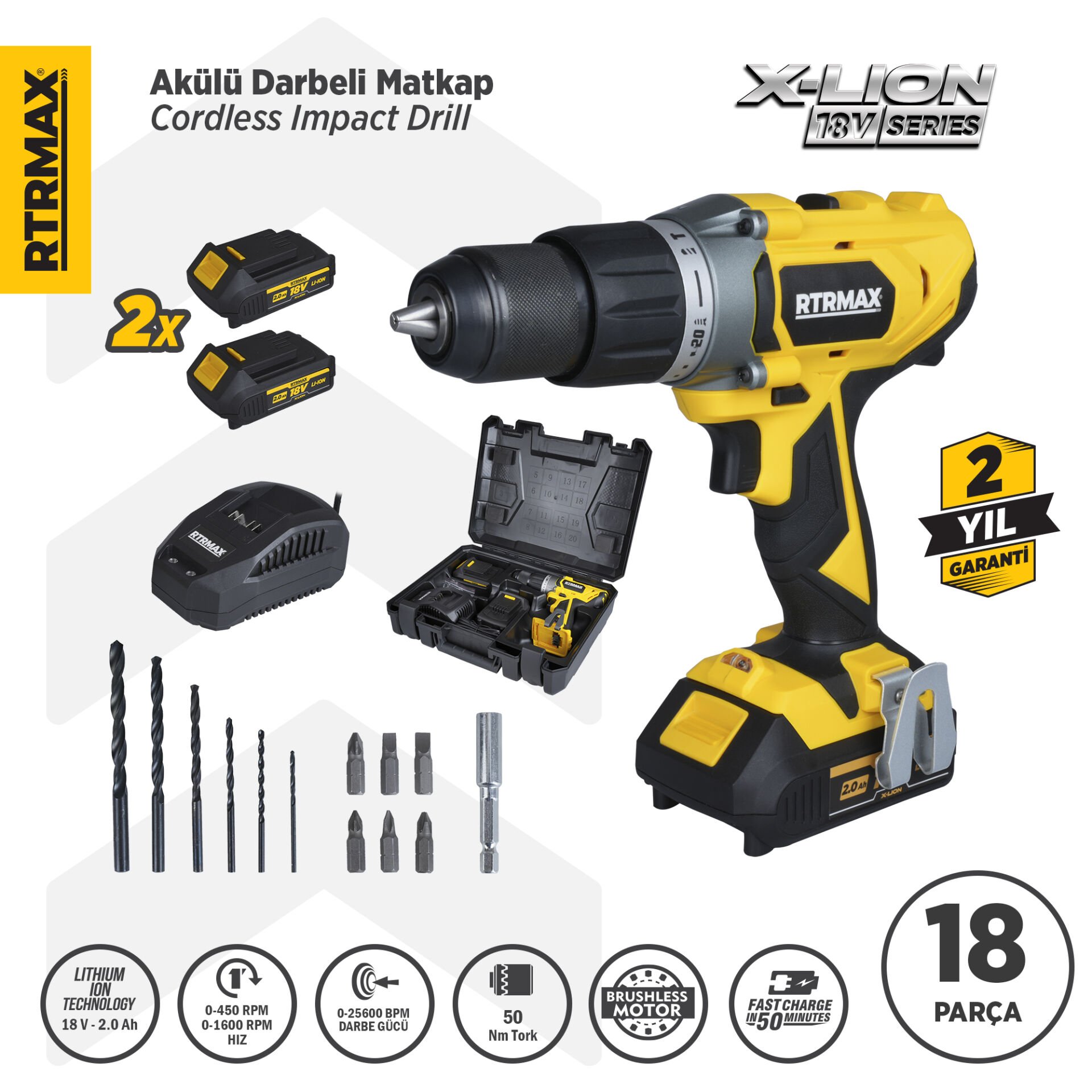 RTX1820 Şarjlı Darbeli Matkap 50 Nm 2x2 Ah Çift Akü X-Lion - Akü Dahil