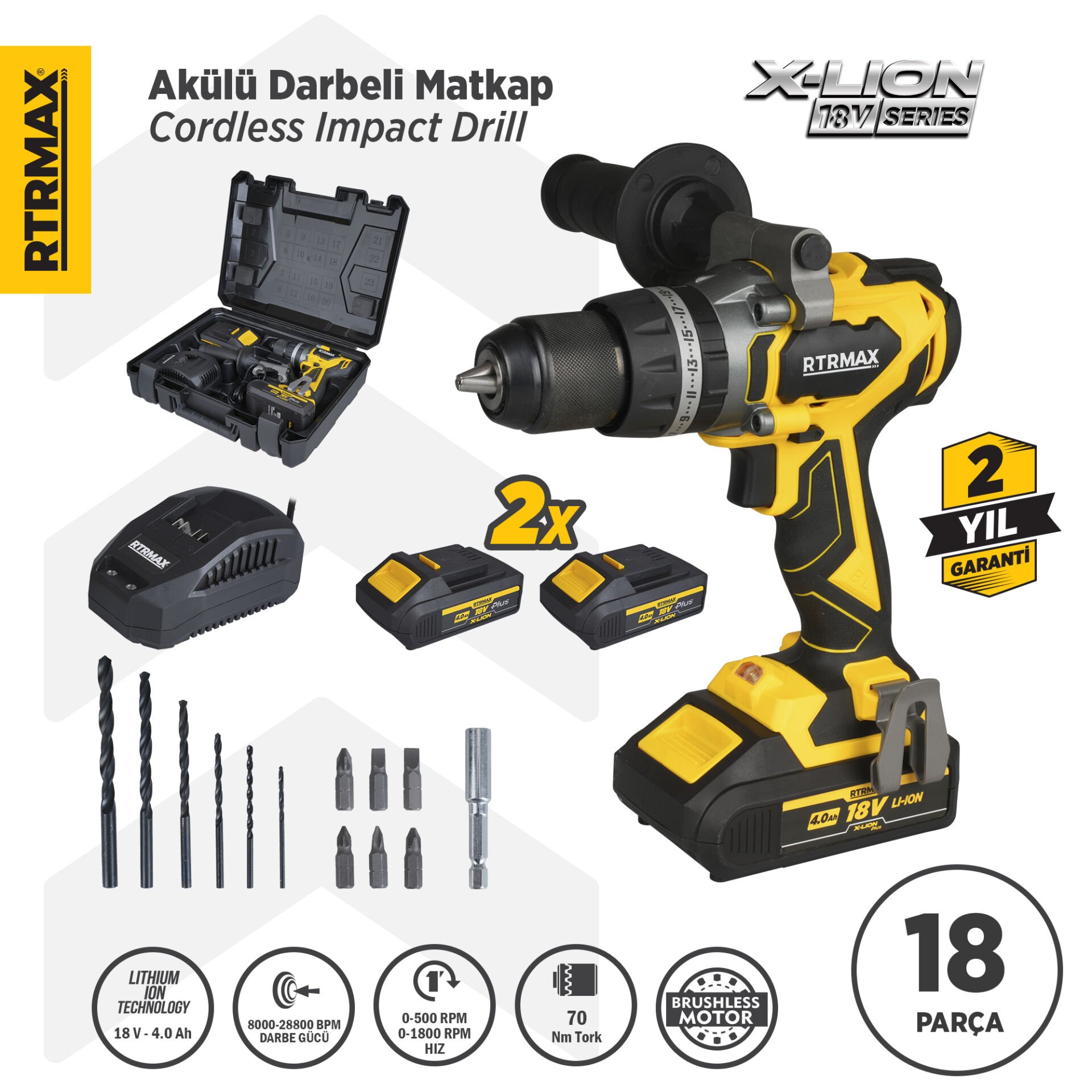 RTX3010 Şarjlı Darbeli Matkap Kömürsüz 70 Nm 2x4 Ah Plus Çift Akü X-Lion - Akü Dahil