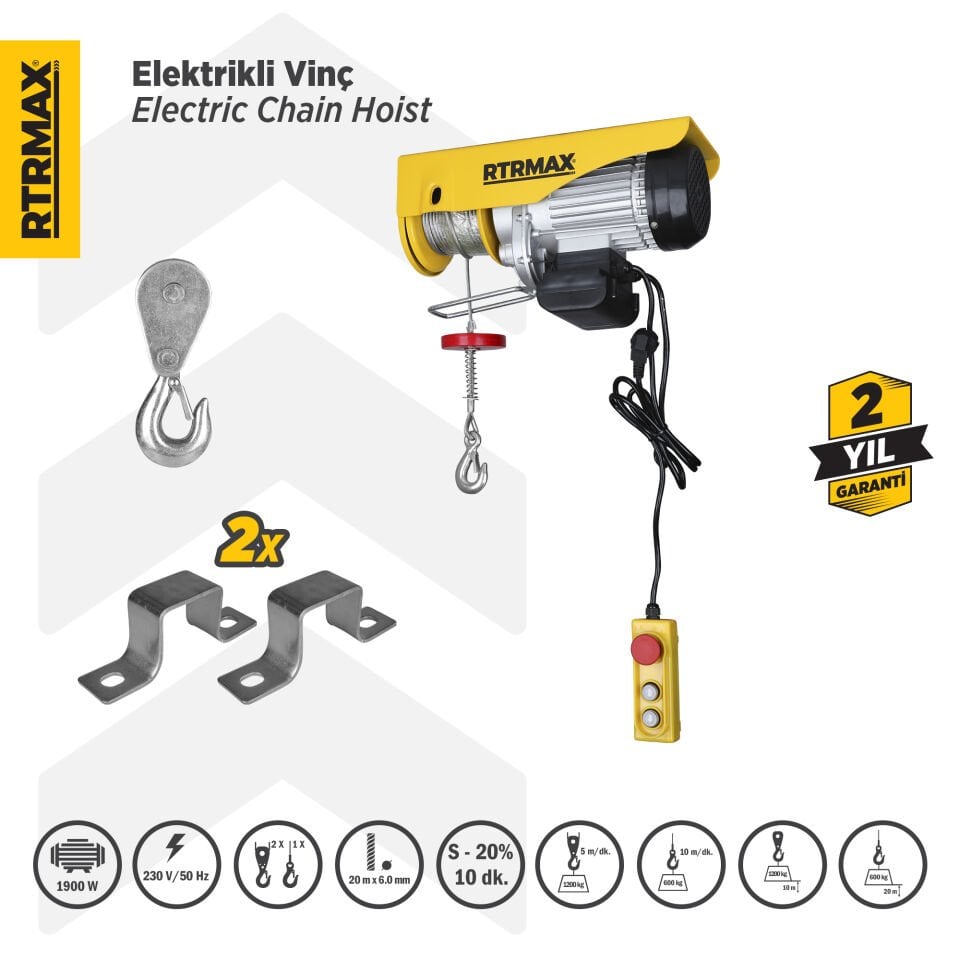 RTRMAX RTM490 Elektrikli Vinç 1900 W 600/1200 Kg Bakır Sargı