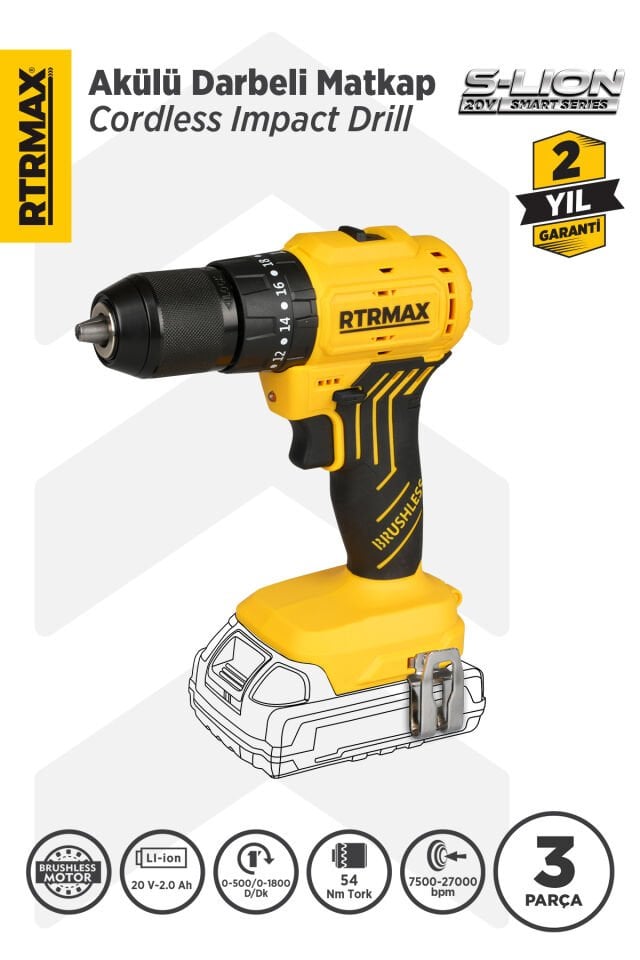 RTRMAX RTS5012B Şarjlı Darbeli Matkap Kömürsüz 54 Nm - Akü Hariç