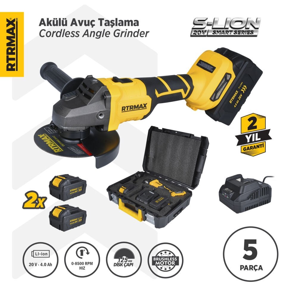 RTRMAX RTS5050 Şarjlı Avuç Taşlama Makinası Kömürsüz 125mm 8.500 Rpm 2x4 Ah 20V Çift Akü S-Lion - Akü Dahil