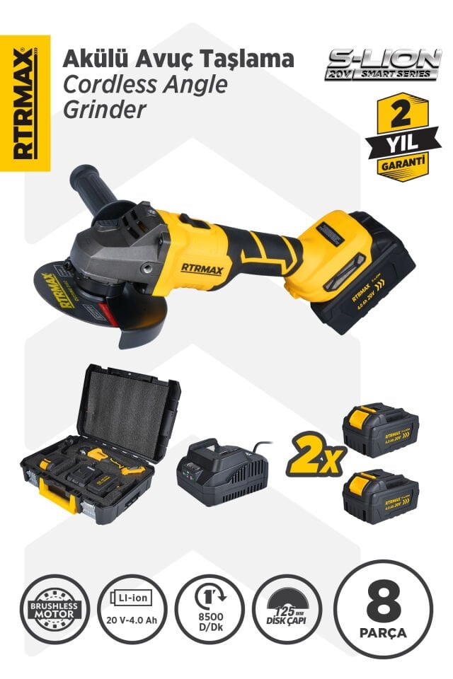 RTRMAX RTS5050 Şarjlı Avuç Taşlama Makinası Kömürsüz 125mm 8.500 Rpm 2x4 Ah 20V Çift Akü S-Lion - Akü Dahil