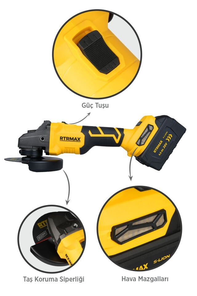 RTRMAX RTS5050 Şarjlı Avuç Taşlama Makinası Kömürsüz 125mm 8.500 Rpm 2x4 Ah 20V Çift Akü S-Lion - Akü Dahil