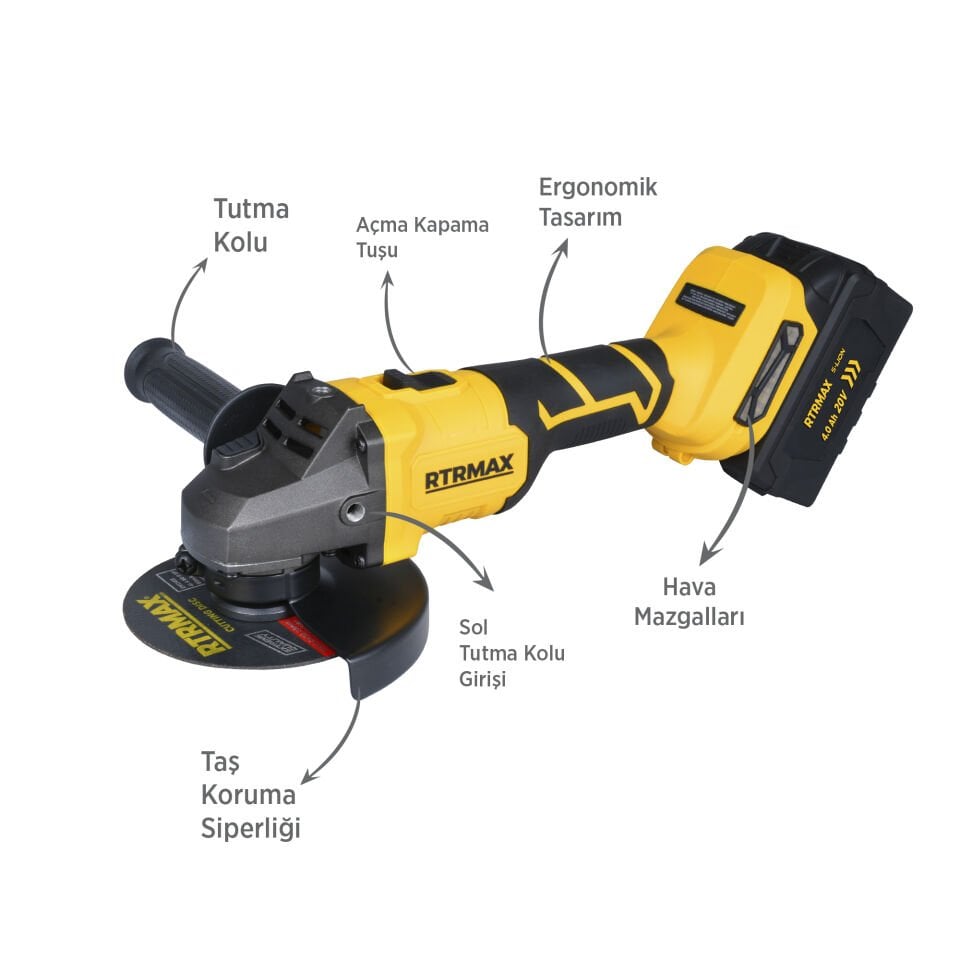 RTRMAX RTS5050 Şarjlı Avuç Taşlama Makinası Kömürsüz 125mm 8.500 Rpm 2x4 Ah 20V Çift Akü S-Lion - Akü Dahil