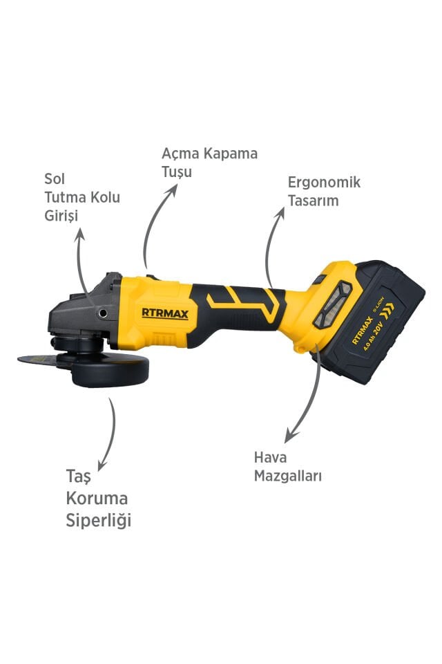 RTRMAX RTS5050 Şarjlı Avuç Taşlama Makinası Kömürsüz 125mm 8.500 Rpm 2x4 Ah 20V Çift Akü S-Lion - Akü Dahil