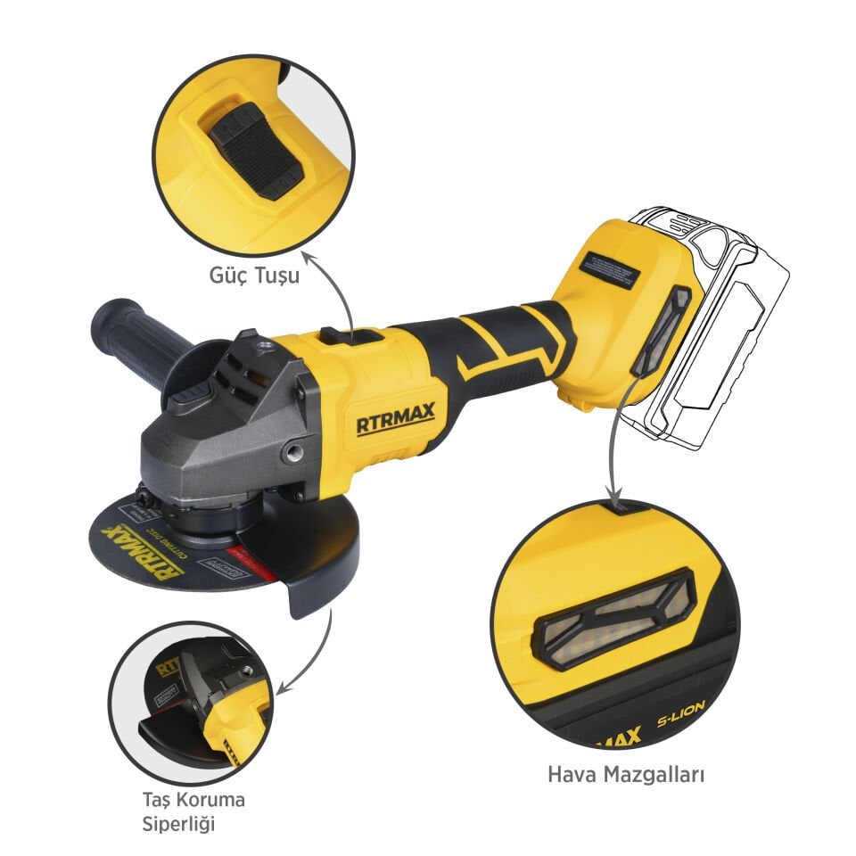 RTRMAX RTS5050B Şarjlı Avuç Taşlama Makinası Kömürsüz 125 mm 8.500 Rpm - Akü Hariç
