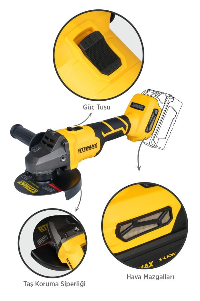 RTRMAX RTS5050B Şarjlı Avuç Taşlama Makinası Kömürsüz 125 mm 8.500 Rpm - Akü Hariç