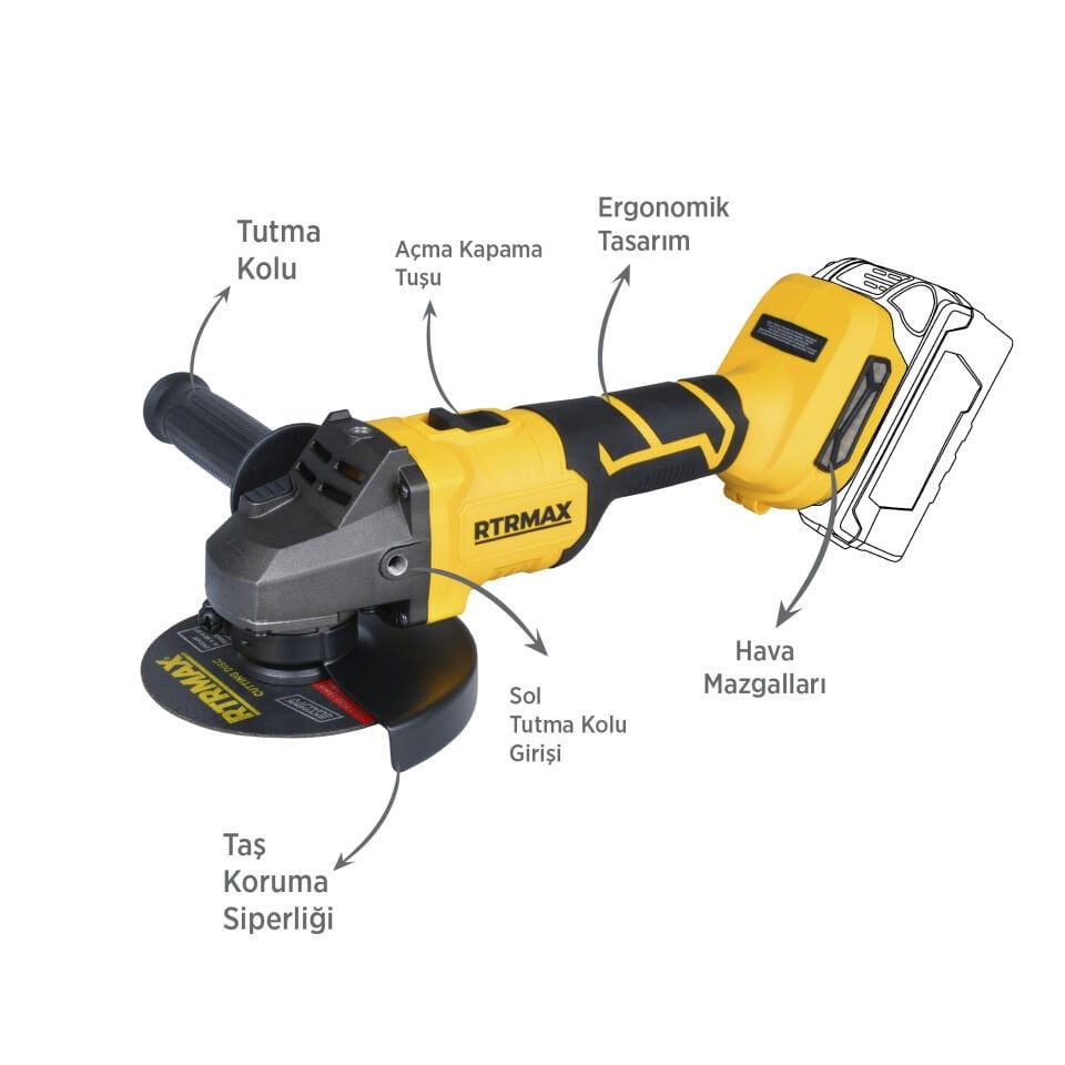 RTRMAX RTS5050B Şarjlı Avuç Taşlama Makinası Kömürsüz 125 mm 8.500 Rpm - Akü Hariç