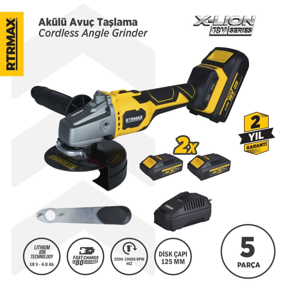 RTX3060 Şarjlı Avuç Taşlama Makinası Kömürsüz 125mm 2x4AhPlus Çift Akü Hızlı Şarj X-Lion - Akü Dahil