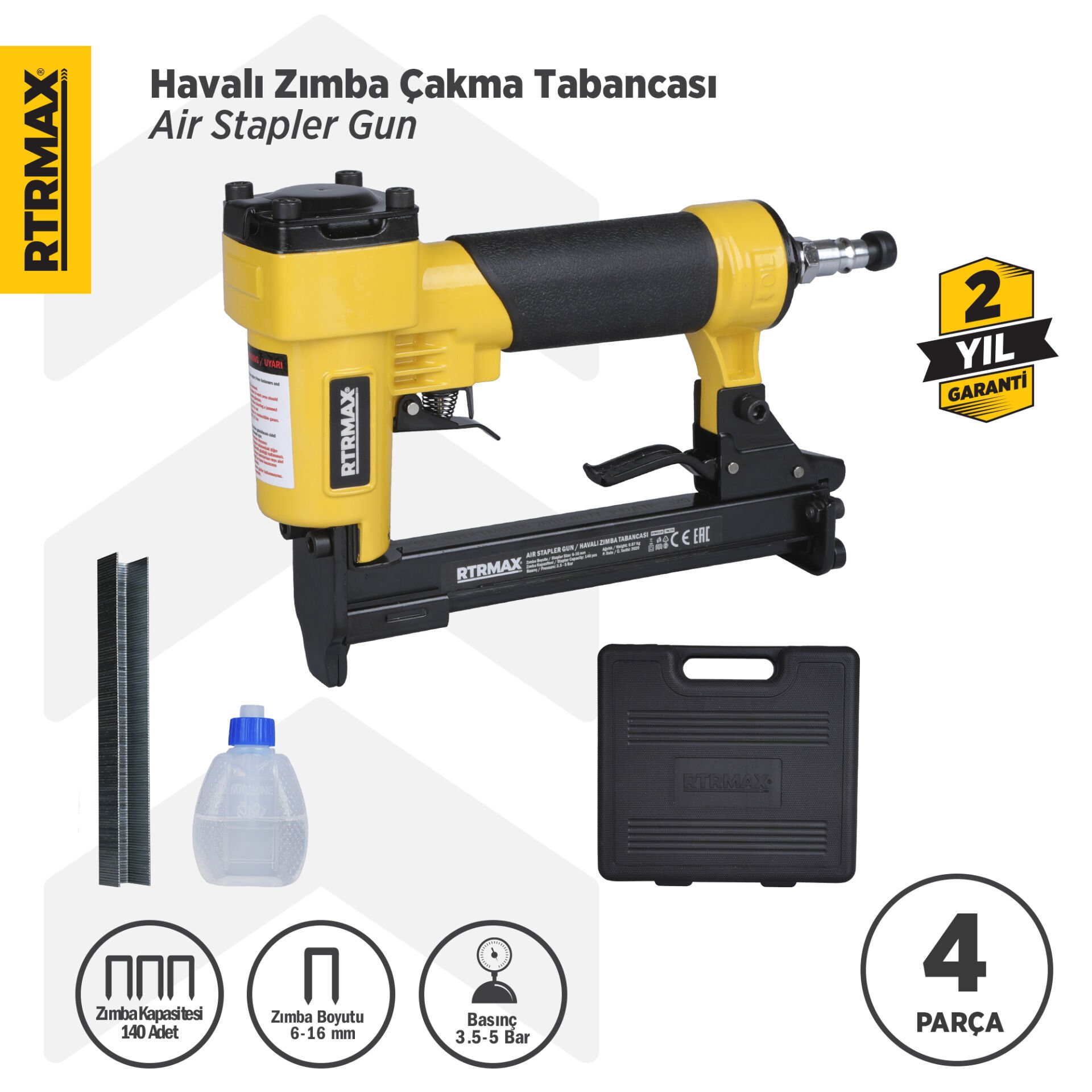 RTRMAX RTM0116 Havalı Zımba Çakma Tabancası 6-16 mm 3.5-5 Bar Çantalı