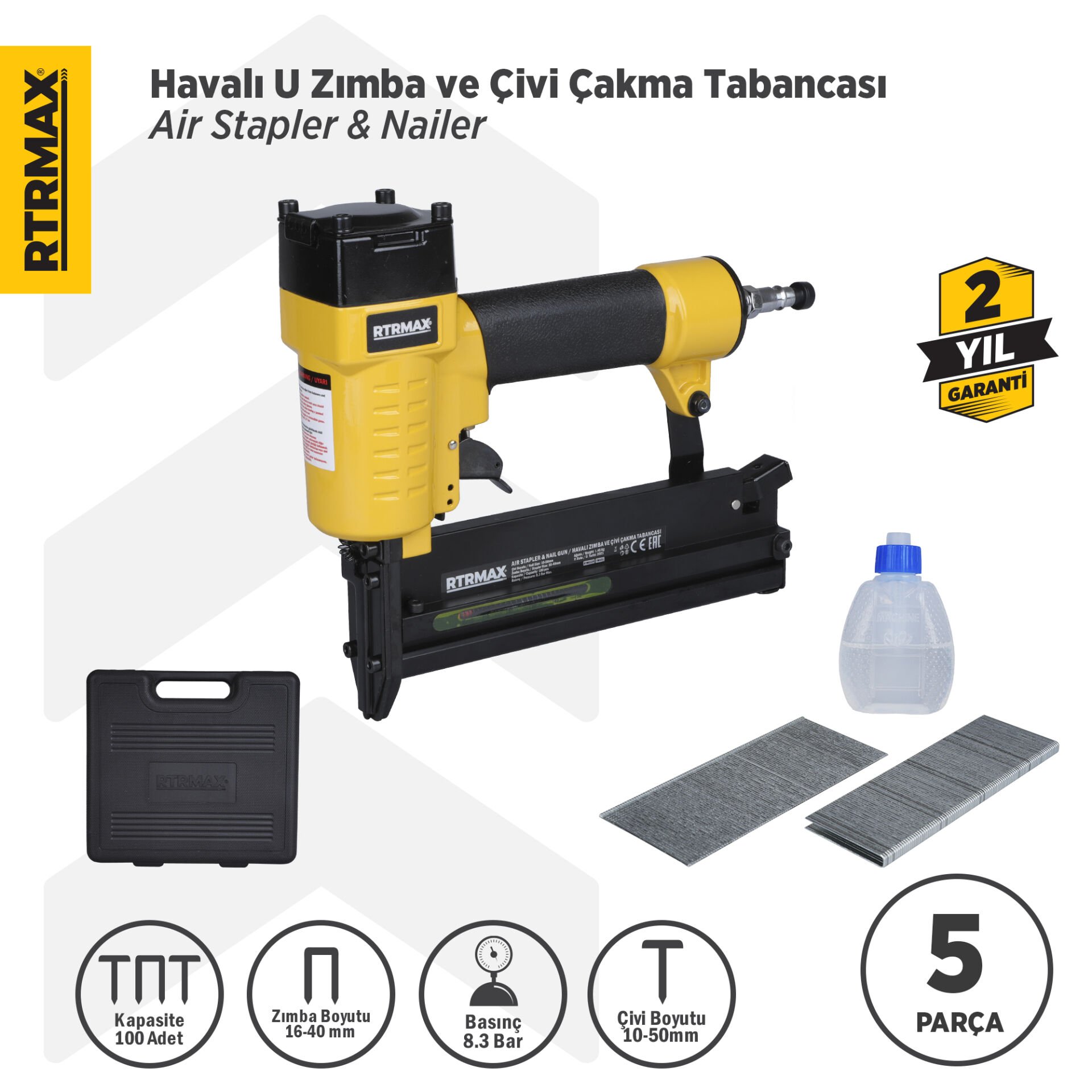 RTRMAX RTM0124 Havalı U Zımba ve Çivi Çakma Tabancası 10-50 / 16-40 Çantalı