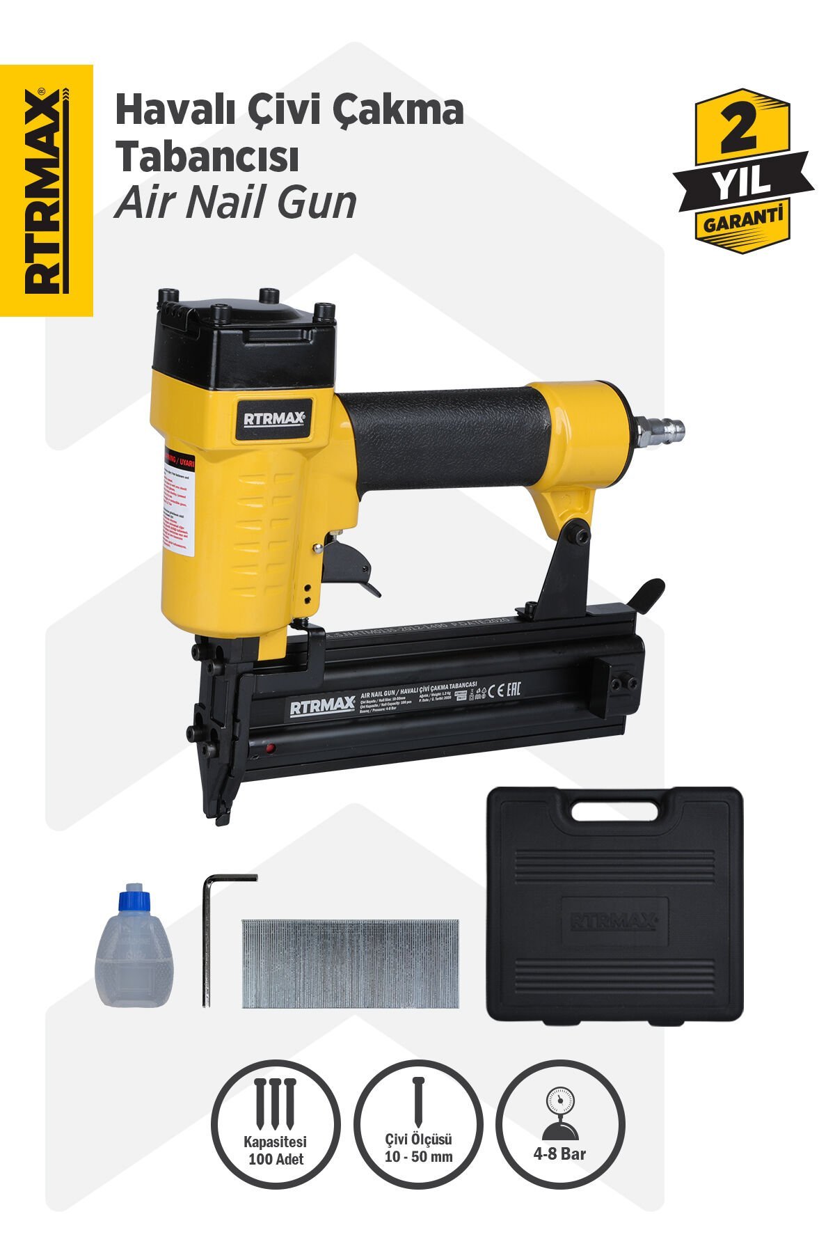 RTRMAX RTM0135 Havalı Çivi Çakma Tabancası 10-50 mm Çantalı