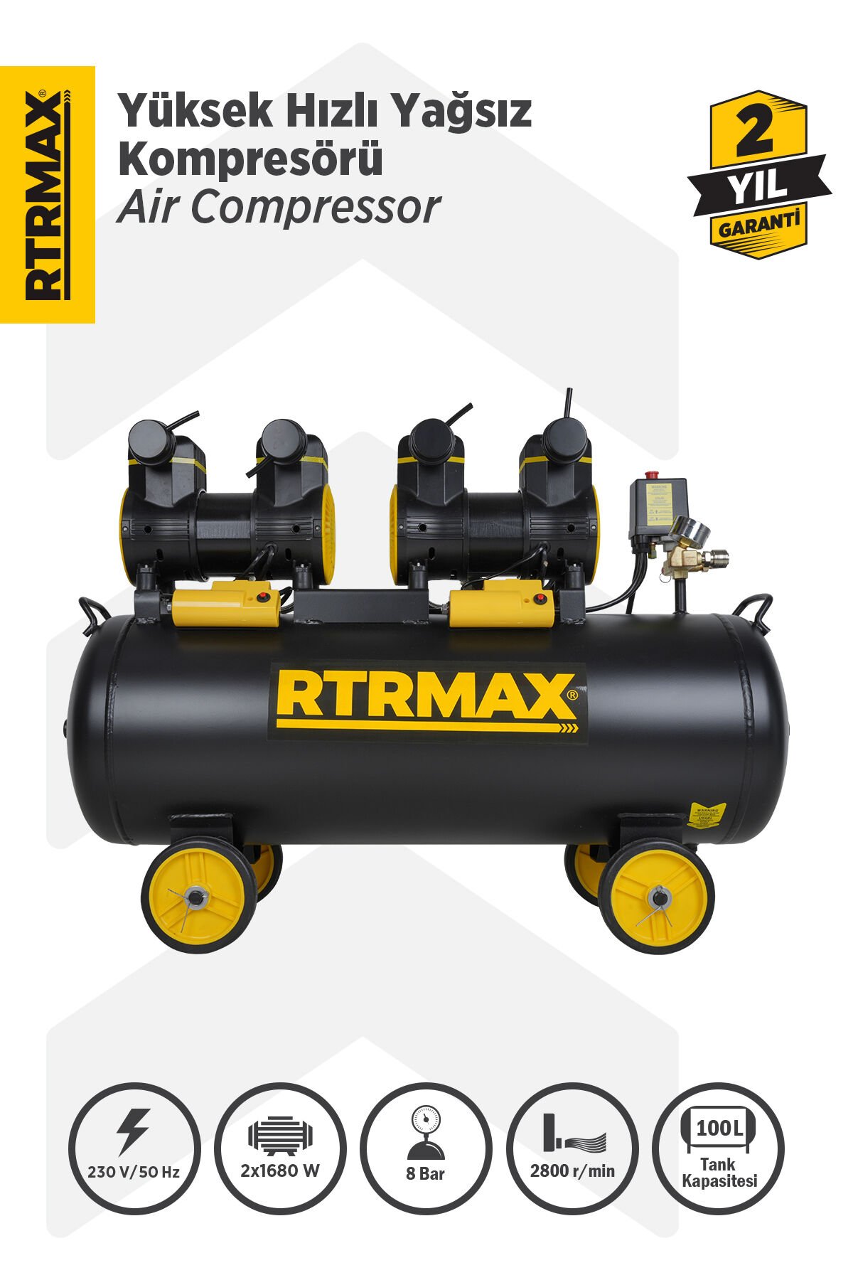 RTRMAX RTM7460 Yüksek Hızlı Yağsız Hava Kompresörü 100 Lt 4.0 Hp 8 Bar