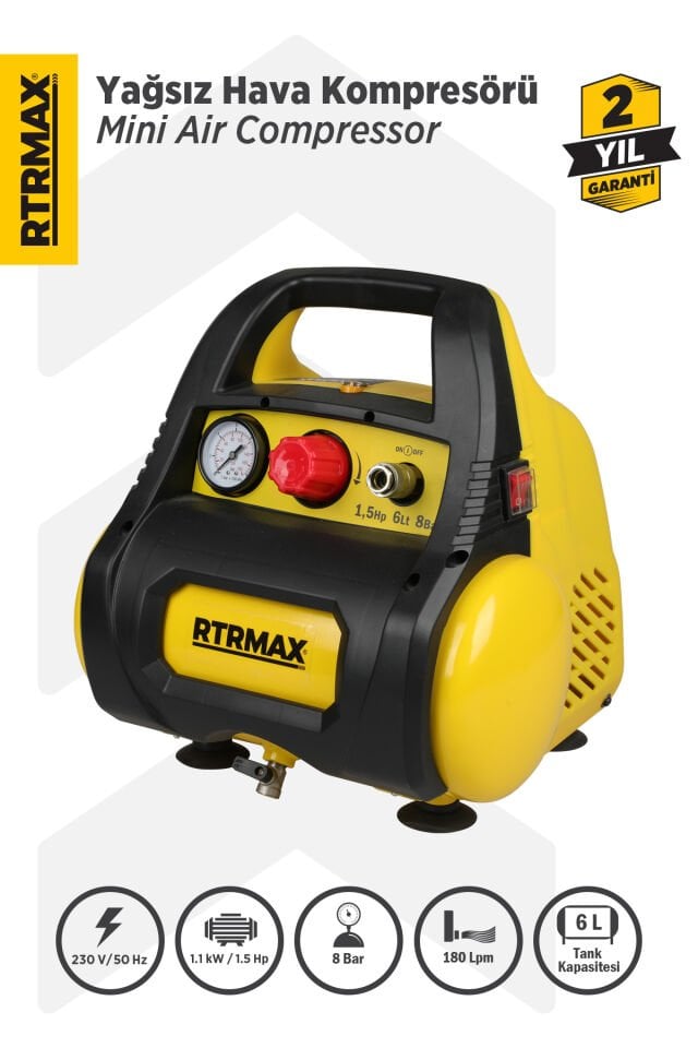 RTRMAX RTM720 Yağsız Hava Kompresörü 6 Lt 1.5 Hp / 1.1 Kw 8 Bar