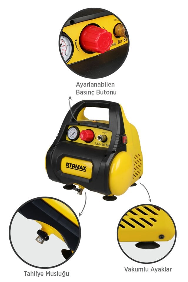 RTRMAX RTM720 Yağsız Hava Kompresörü 6 Lt 1.5 Hp / 1.1 Kw 8 Bar