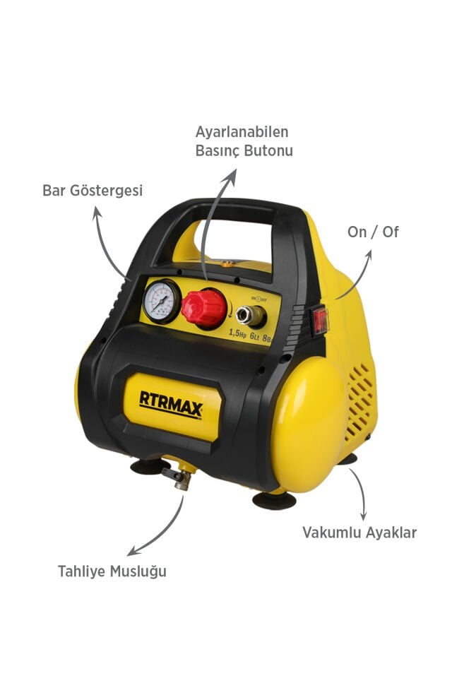 RTRMAX RTM720 Yağsız Hava Kompresörü 6 Lt 1.5 Hp / 1.1 Kw 8 Bar