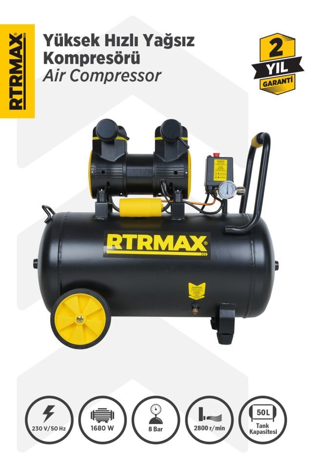 RTRMAX RTM7450 Yüksek Hızlı Yağsız Hava Kompresörü 50 Lt 2.0 Hp 8 Bar