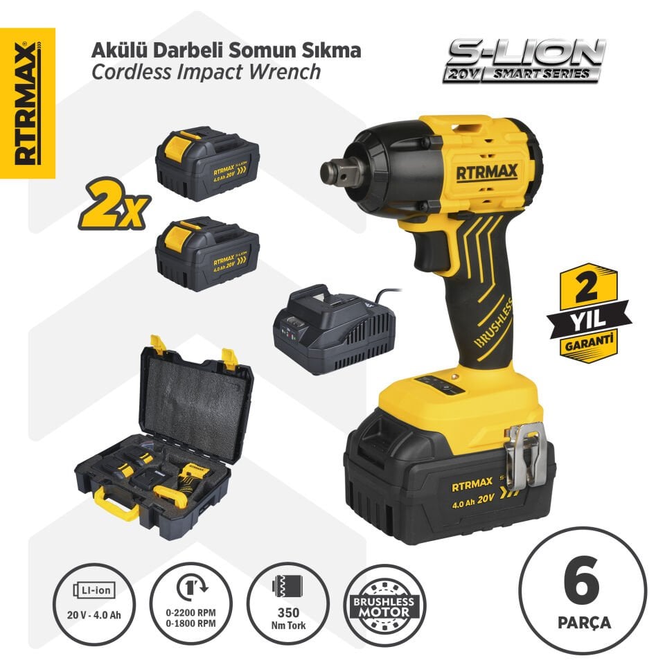 RTRMAX RTS5030 Şarjlı Somun Sıkma Makinası Kömürsüz 1/2'' 350 Nm 2x4 Ah 20V Çift Akü S-Lion - Akü Dahil