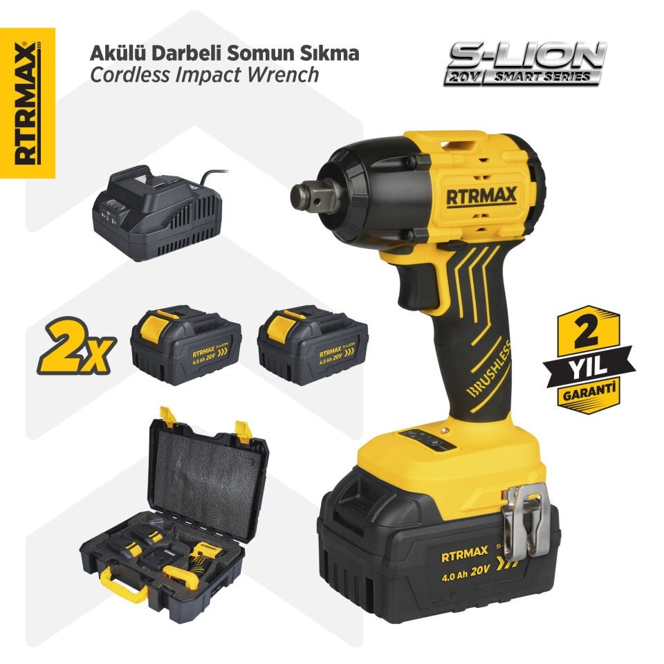 RTRMAX RTS5030 Şarjlı Somun Sıkma Makinası Kömürsüz 1/2'' 350 Nm 2x4 Ah 20V Çift Akü S-Lion - Akü Dahil