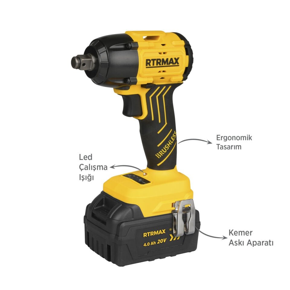 RTRMAX RTS5030 Şarjlı Somun Sıkma Makinası Kömürsüz 1/2'' 350 Nm 2x4 Ah 20V Çift Akü S-Lion - Akü Dahil