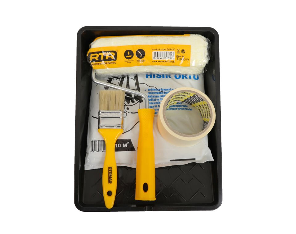 RFR705 Usta Boyacı Seti 5 Parça (Cephe Rulosu,Kesme Fırca,Hışır Örtü,Maskeleme Bandı,Boyacı Tavası)