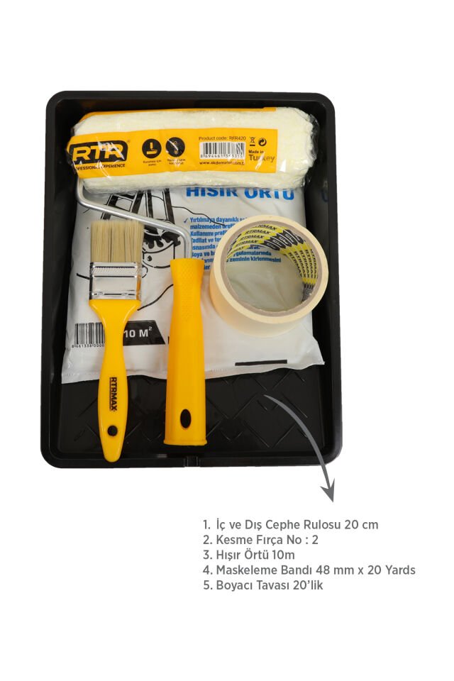 RTRMAX RFR705 Usta Boyacı Seti 5 Parça (Cephe Rulosu,Kesme Fırca,Hışır Örtü,Maskeleme Bandı,Boyacı Tavası)