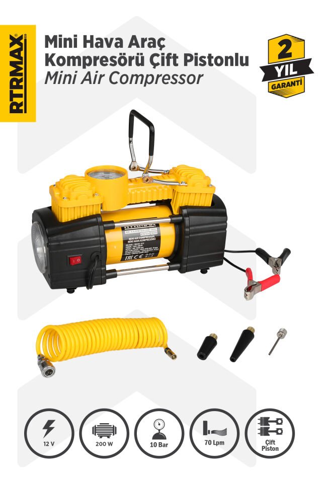 RTRMAX RTM7214 Mini Hava Araç Kompresörü Çift Pistonlu 200 W 10 Bar
