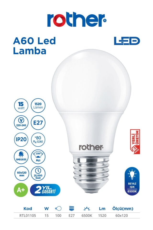 RTL01105 Rother A60 LED Ampul 15W E27 1520 Lümen 6500K Beyaz Işık - Enerji Tasarruflu Ampul