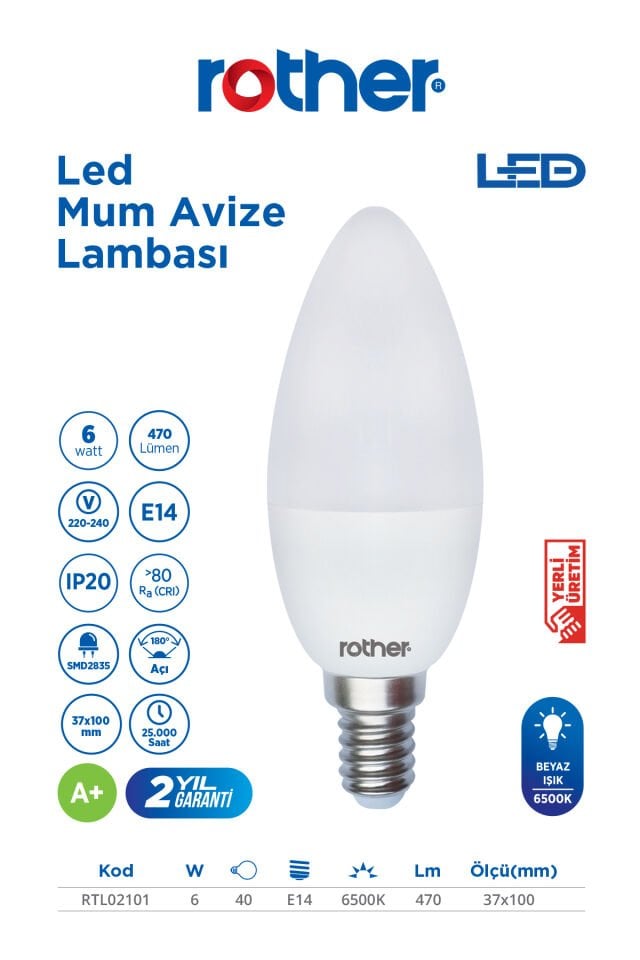 ROTHER RTL02101 Rother LED Mum Avize Ampul 6W E14 470 Lümen 6500K Beyaz Işık - Enerji Tasarruflu Ampul