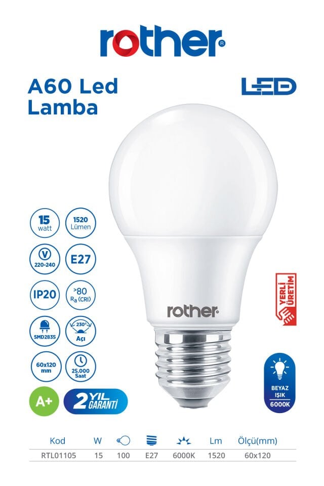 RTL01105-5 Rother A60 LED Ampul 15W E27 1520 Lümen 6000K Beyaz Işık Enerji Tasarruflu Ampul 5 Adet