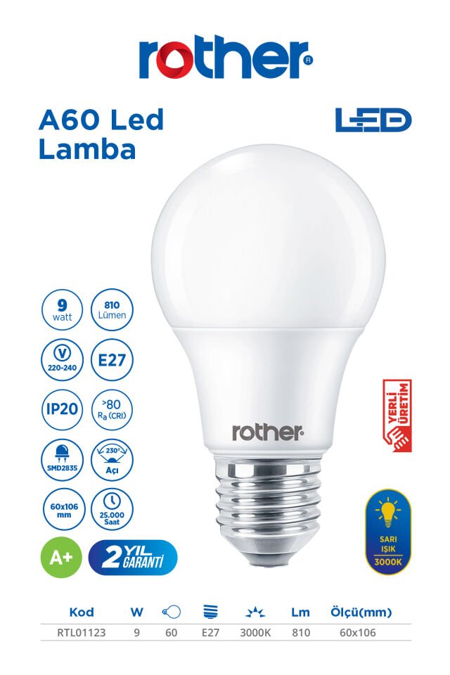 RTL01123-10 Rother A60 LED Ampul 9W E27 810 Lümen 3000K Sarı Işık Enerji Tasarruflu Ampul 10 Adet