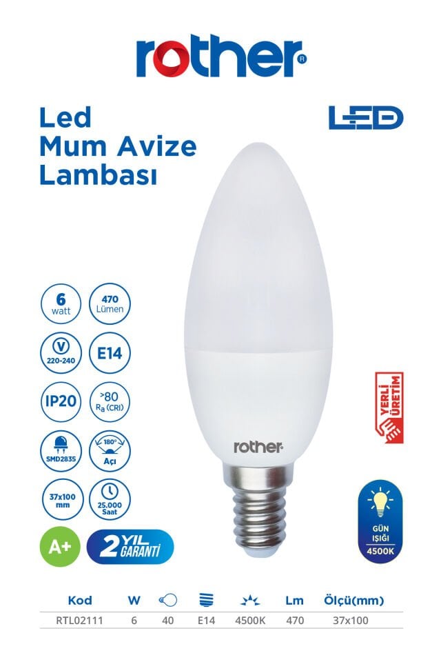RTL02111-10 Rother LED Mum Avize Ampul 6W E14 470 Lümen 4500K Gün Işığı Enerji Tasarruflu Ampul 10 Adet