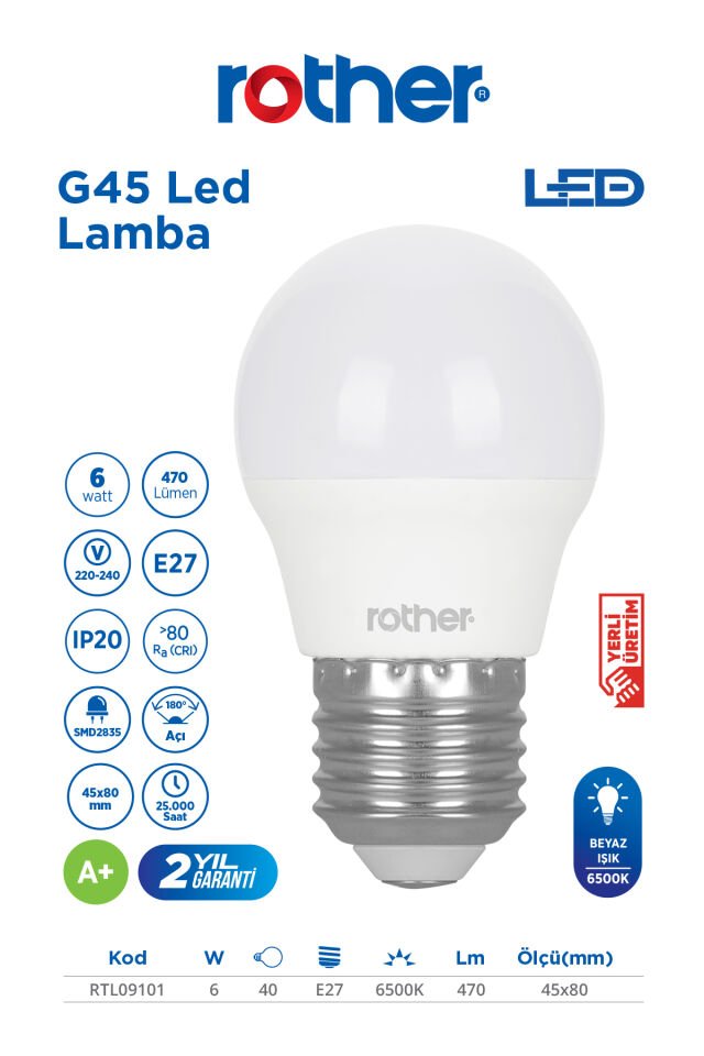 RTL09101-10 Rother G45 LED Ampul 6W E27 470 Lümen 6500K Beyaz Işık Enerji Tasarruflu Ampul 10 Adet