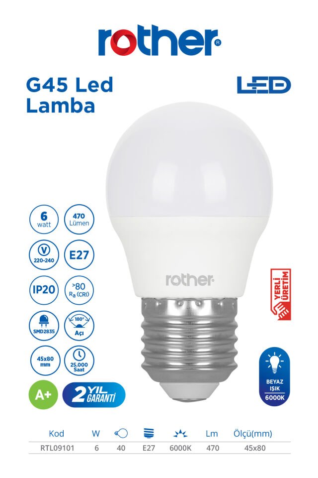 RTL09101-10 Rother G45 LED Ampul 6W E27 470 Lümen 6000K Beyaz Işık Enerji Tasarruflu Ampul 10 Adet