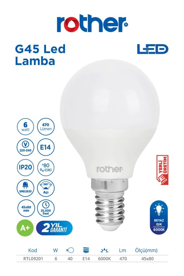 RTL09201 Rother G45 LED Ampul 6W E14 470 Lümen 6000K Beyaz Işık Enerji Tasarruflu Ampul 5 Adet