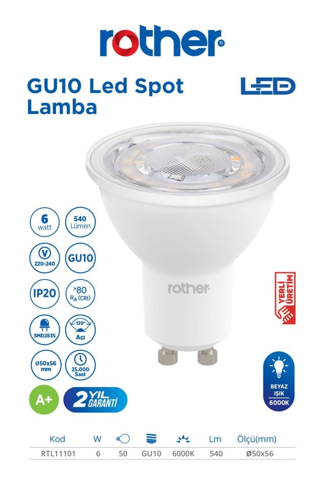 RTL11101-10 Rother GU10 LED Spot Ampul 6W 540 Lümen 6000K Beyaz Işık Enerji Tasarruflu Ampul 10 Adet