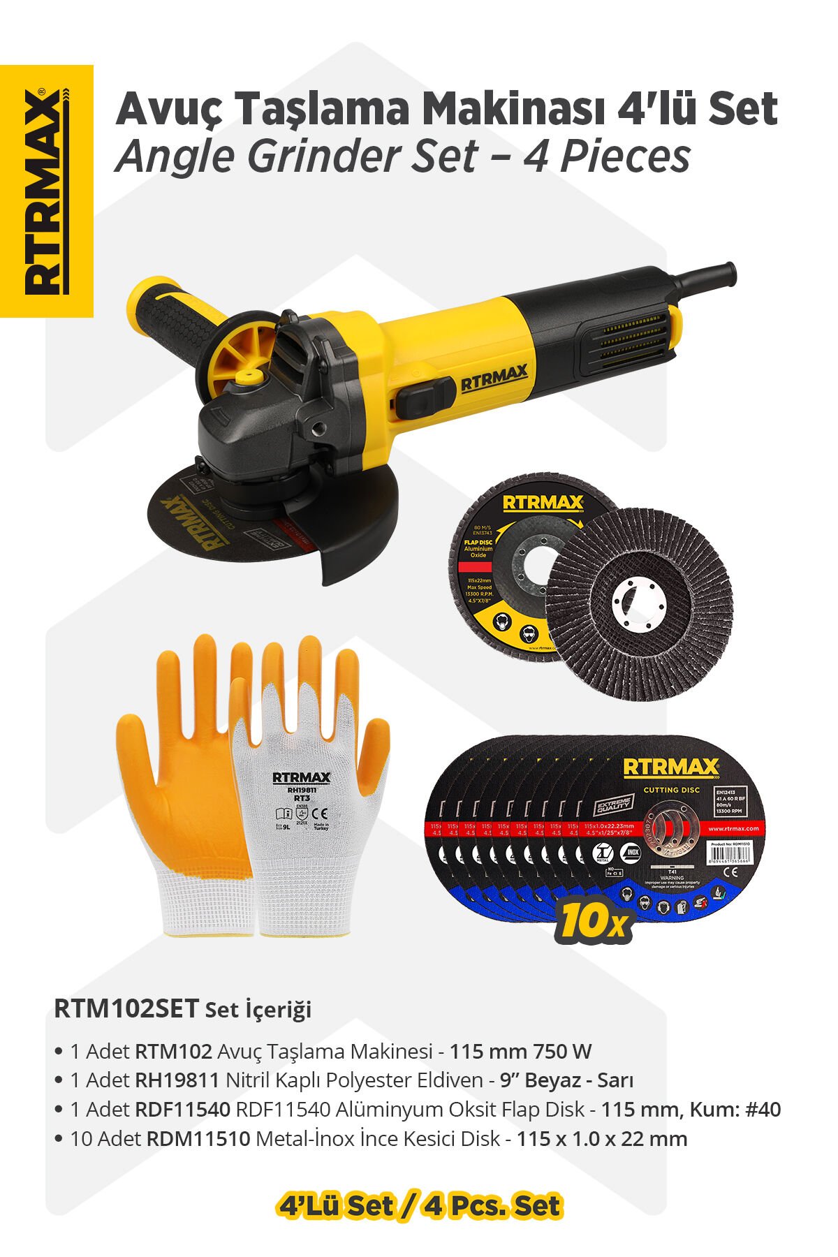 RTM102SET Avuç Taşlama Makinası 4'lü Set - Eldiven-Kesici Disk-Flap Disk