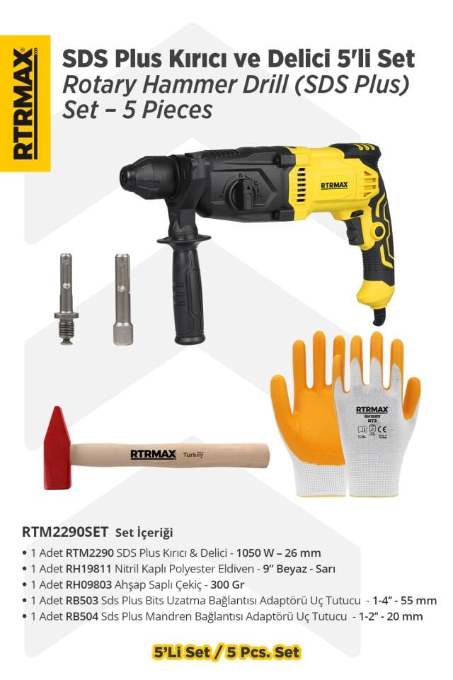 RTM2290SET Sds Plus Kırıcı ve Delici 5'lİ Set - Eldiven-Çekiç-Uç Tutucu