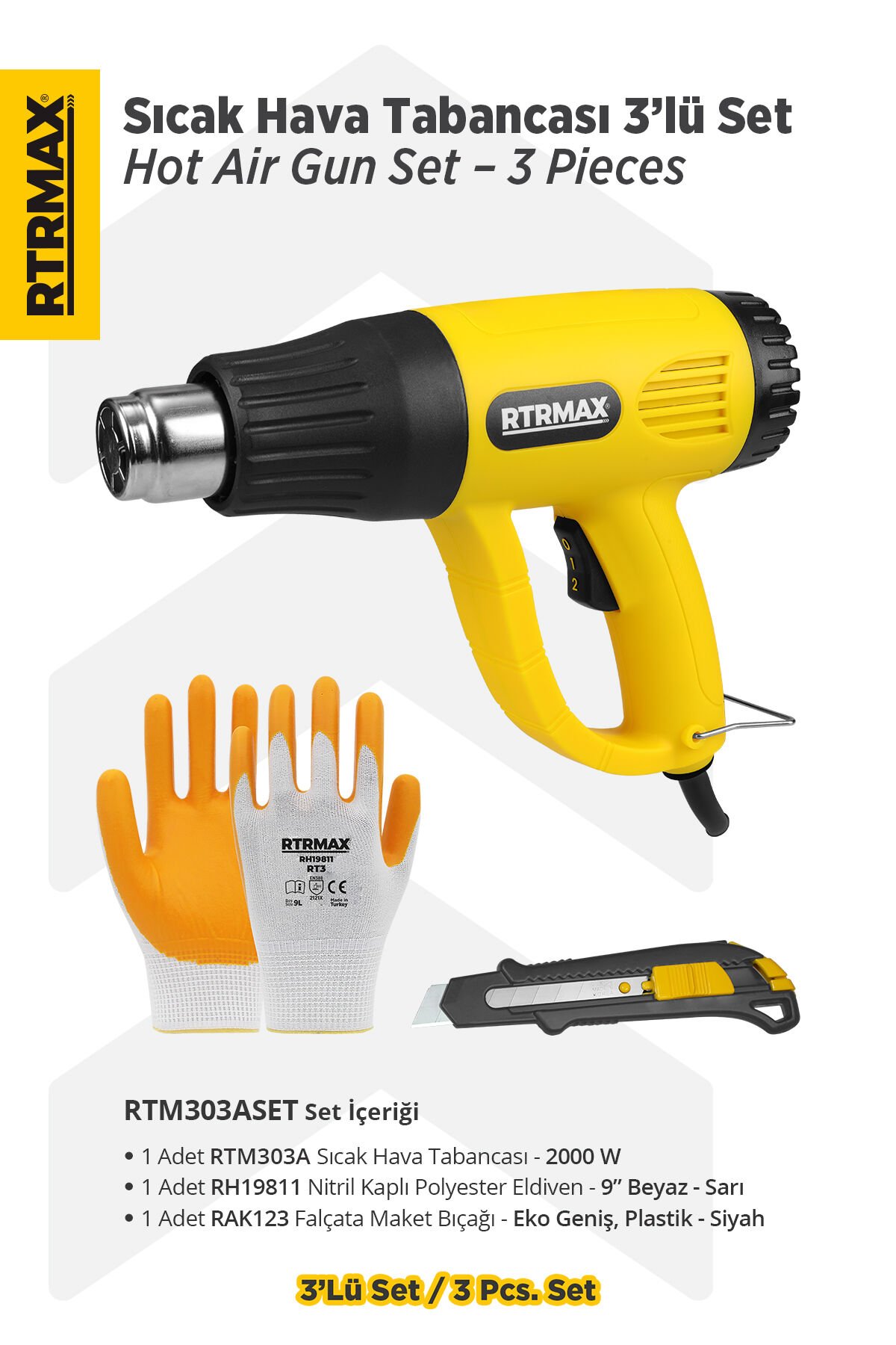 RTM303ASET Sıcak Hava Tabancası 2000 W 3'lü Set - Eldiven-Falçata Maket Bıçağı