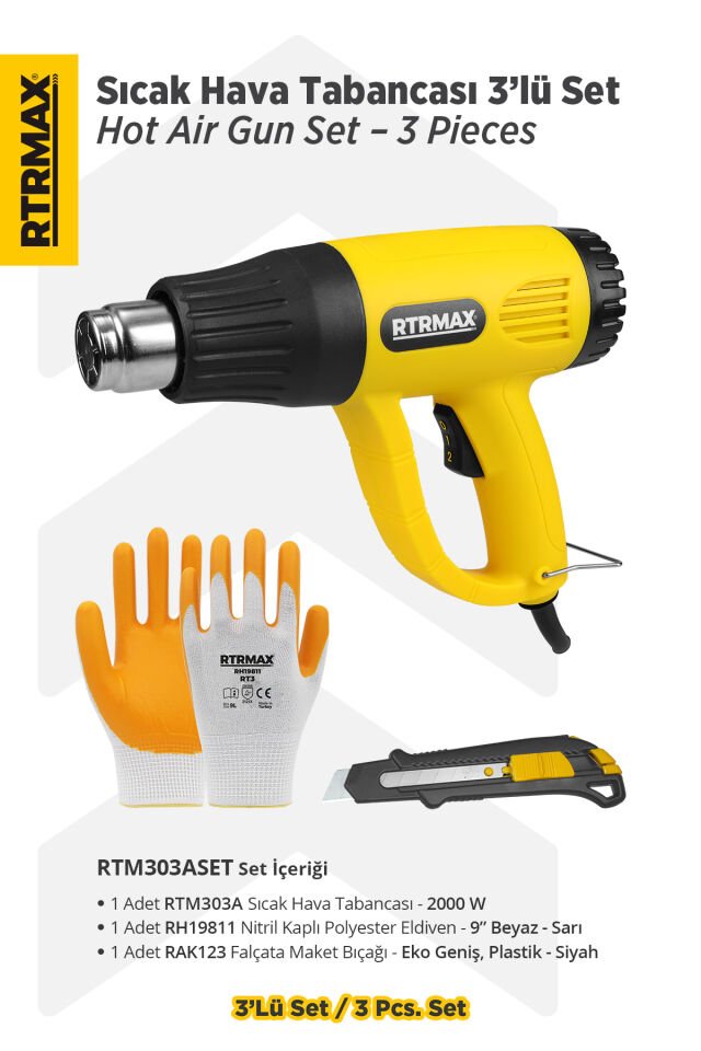 RTM303ASET Sıcak Hava Tabancası 2000 W 3'lü Set - Eldiven-Falçata Maket Bıçağı